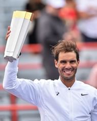 Rafael Nadal lifting his 5th Rogers Cup trophy